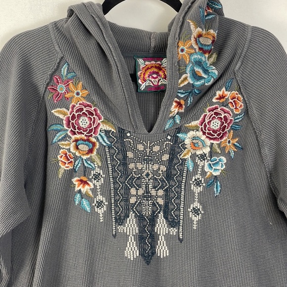 Johnny Was Charcoal Floral Embroidered Hoodie Blouse - Picture 2 of 7